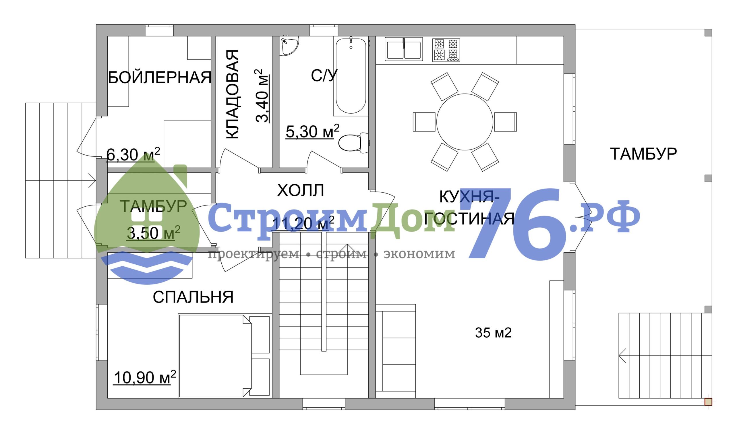 Планировка дома с 2 спальнями на 1 этаже